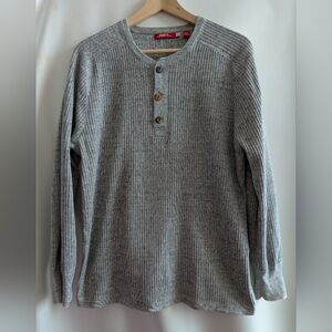 Agave Heather Grey Cotton Rib Button Tab Henley Pullover Shirt - L